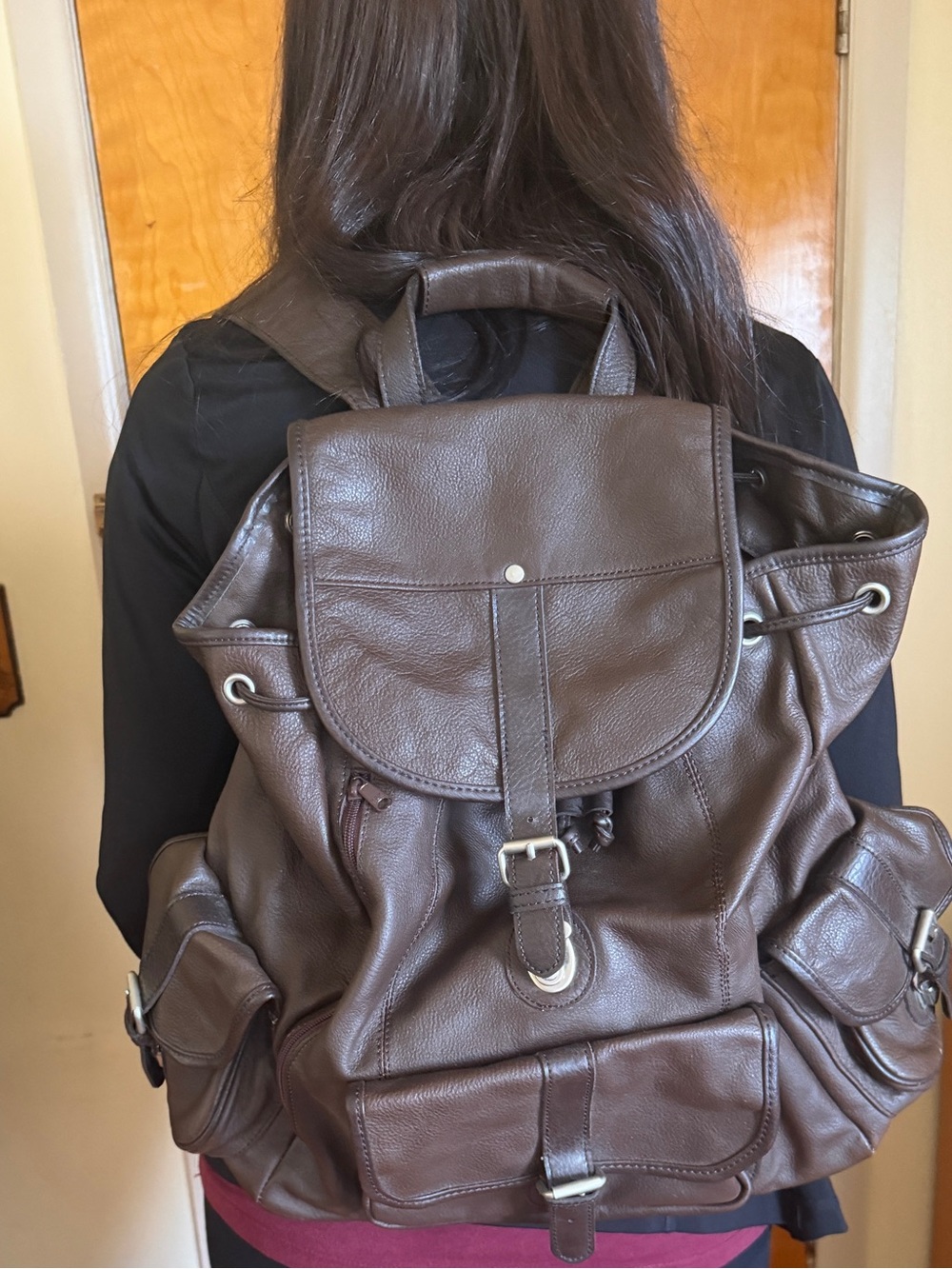 Dark Brown Leather Drawstring Backpack with Silver Hardware